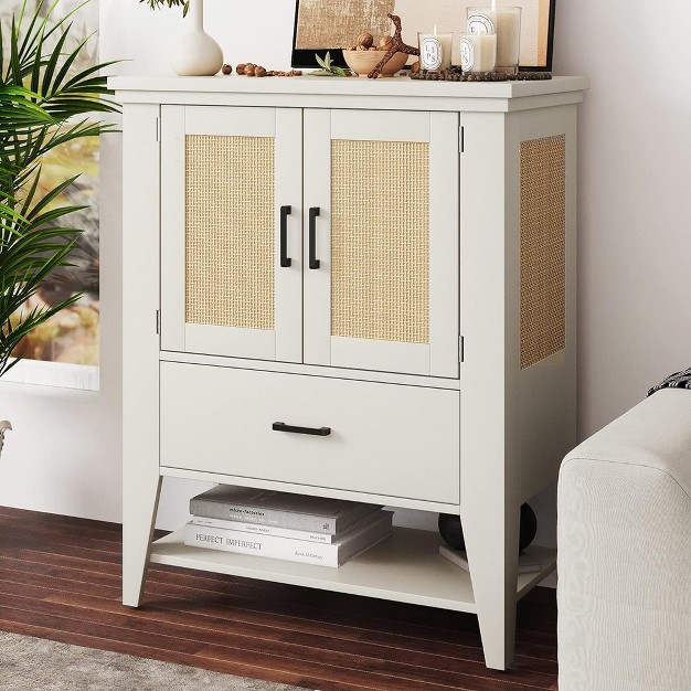 Trinity Accent Cabinet Rattan Buffet Cabinet With Storage Sideboard Cupboard Console Table For Living Room Dining Room Hallway Off White