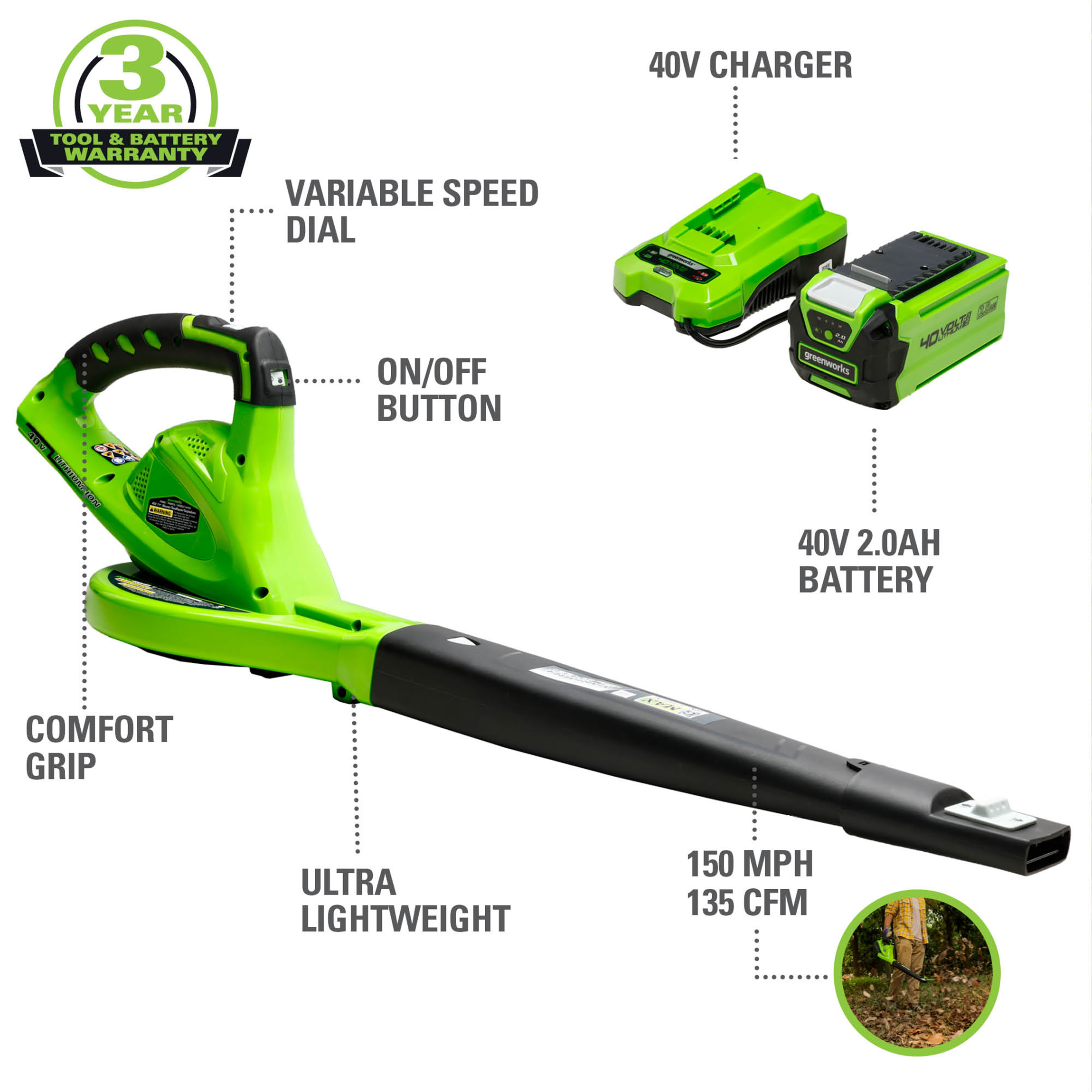 Greenworks 40V 135 CFM Leaf Blower/Sweeper w/2.0 Ah Battery， 24252