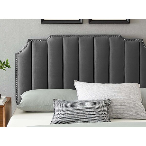 Littleton Channel Tufted Charcoal Velvet Upholstered Twin Size Headboard with Nailhead Trim - - 34139020