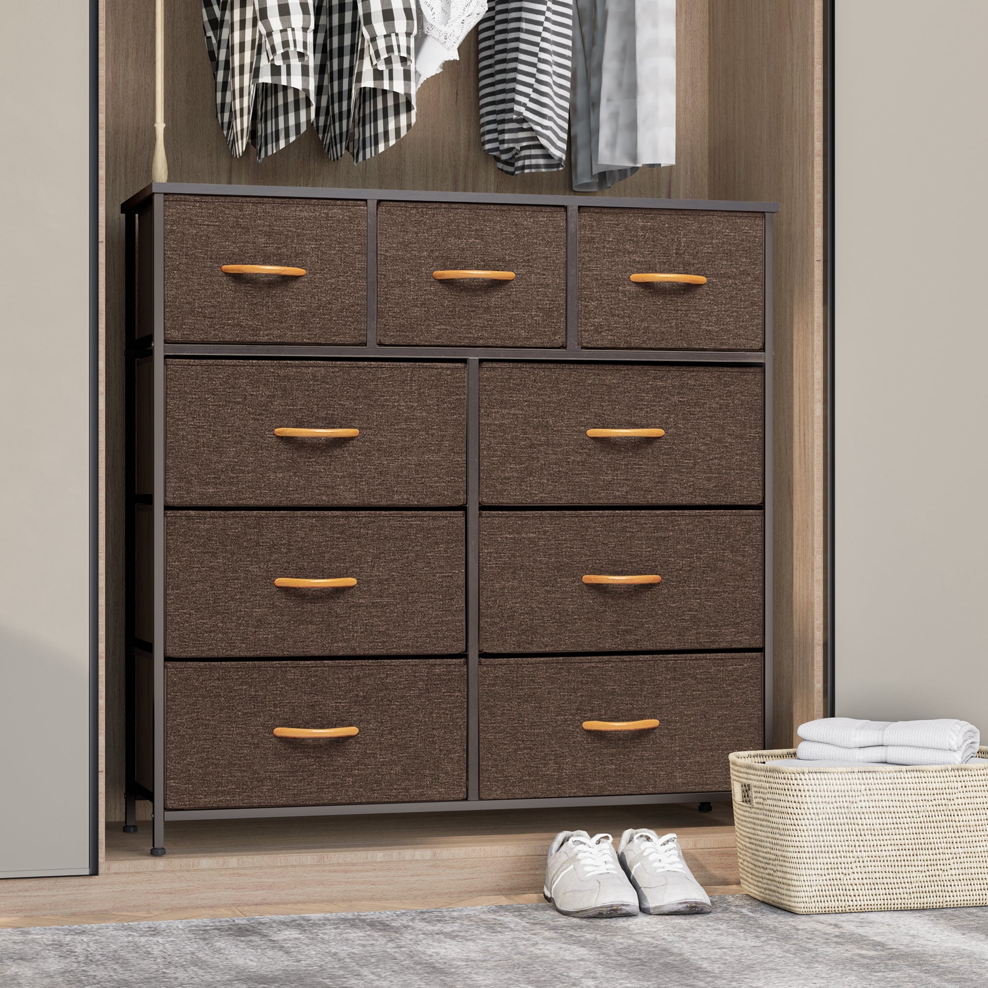 Vredhom Brown 9 Drawers Fabric Wide Closet Dresser Chest