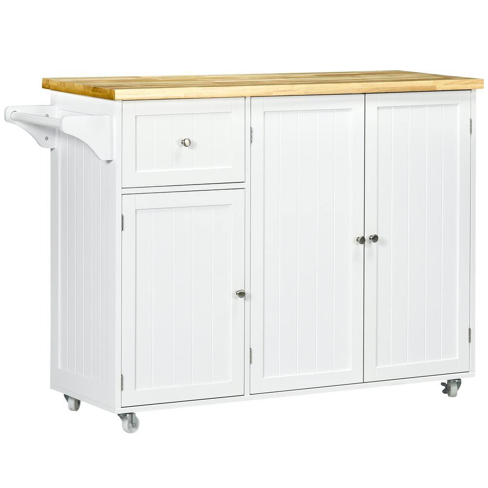 HOMCOM White Rolling Kitchen Island on Wheels Utility Serving Cart with Rubber Wood Top Towel Rack Cabinets and Drawer 801-301V00WT