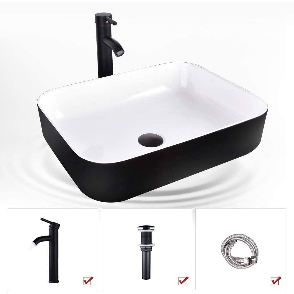 Puluomis Black Ceramic Rectangular Vessel Sink with Black Faucet US-HW1124