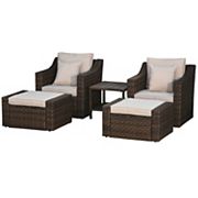 Outsunny 5 Piece PE Rattan Outdoor Patio Armchair Set with 2 Chairs 2 Ottomans Coffee Table Conversation Set and Durable Build Beige