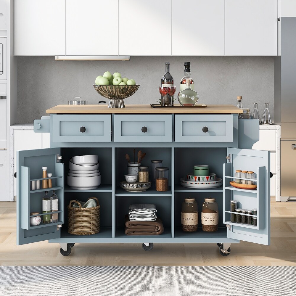 Kitchen Cart with Rubber Wood Drop Leaf Countertop  Cabinet Door Internal Storage Racks and 3 Drawers Kitchen Island