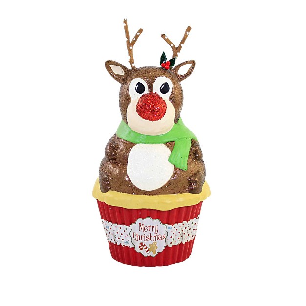 Christmas Rudolph Cupcake Container One Decorative Container 6 0 Inches Glittered Red Nose Tl1364 Polyresin Brown