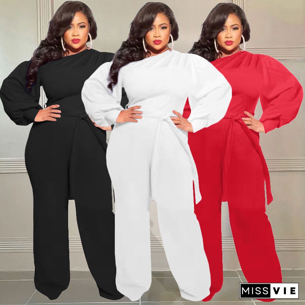 Long Sleeve Lace Up Plus Size Wide Leg Jumpsuits