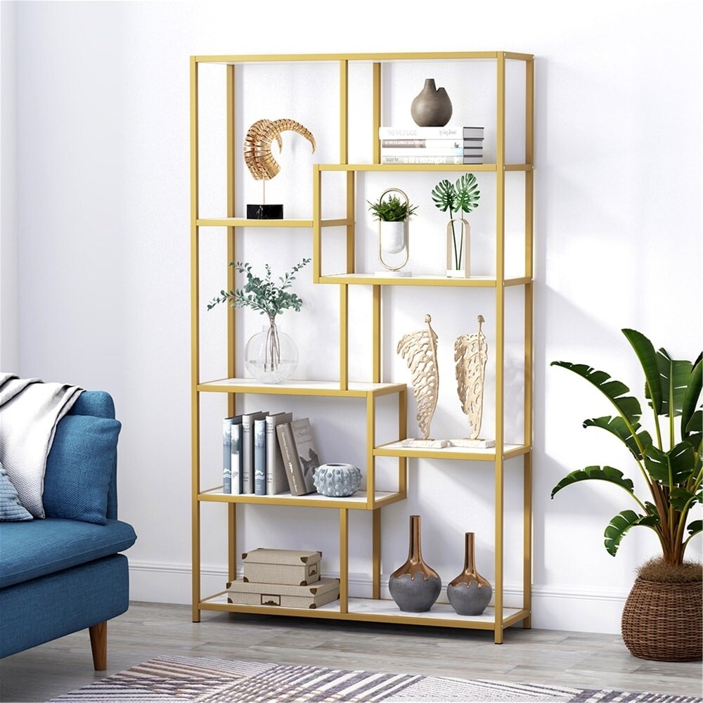 Bookshelf Bookcase  Gold 8 Open Shelf Etagere Bookcase with Faux Marble