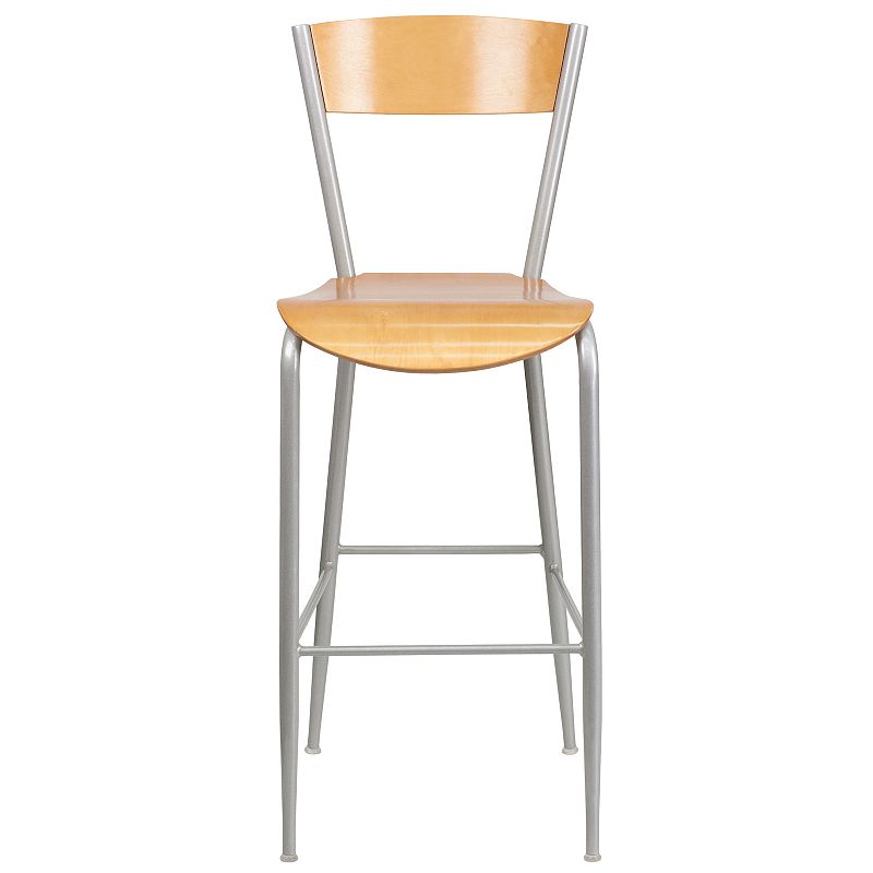 Emma and Oliver Silver Metal Barstool， Natural Wood Back and Seat