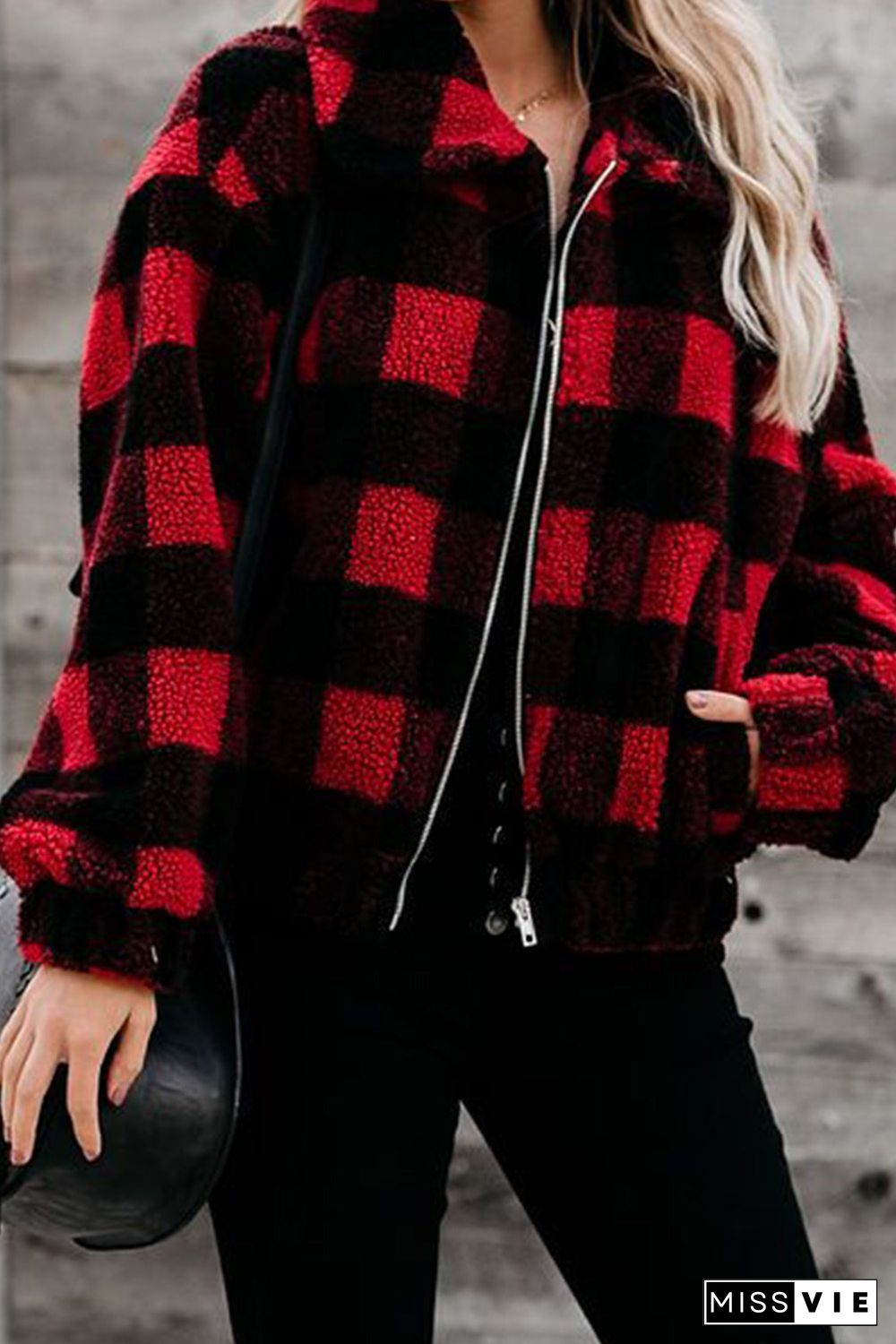 Red Plaid Print Sherpa Jacket Coat