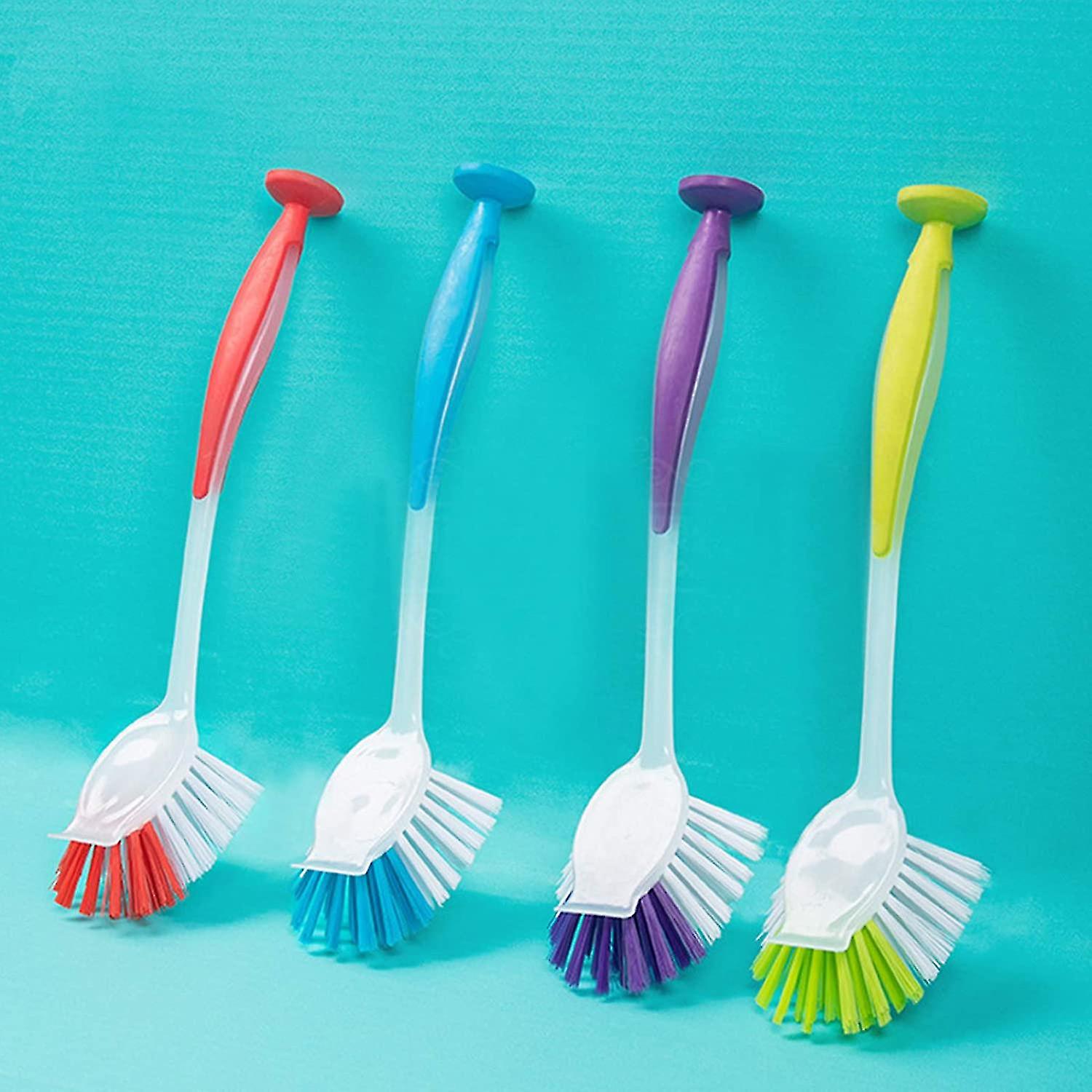 4 Pcs Dish Brush Set Dish Washing Brush With Suction Cup，soft Grip Handle And Non-scratch Bristles， Scrubbing Brush For Pans， Pots， Kitchen Sink Clean