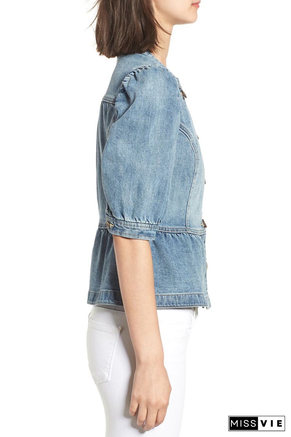 Sky Blue Half Sleeves Peplum Denim Jacket