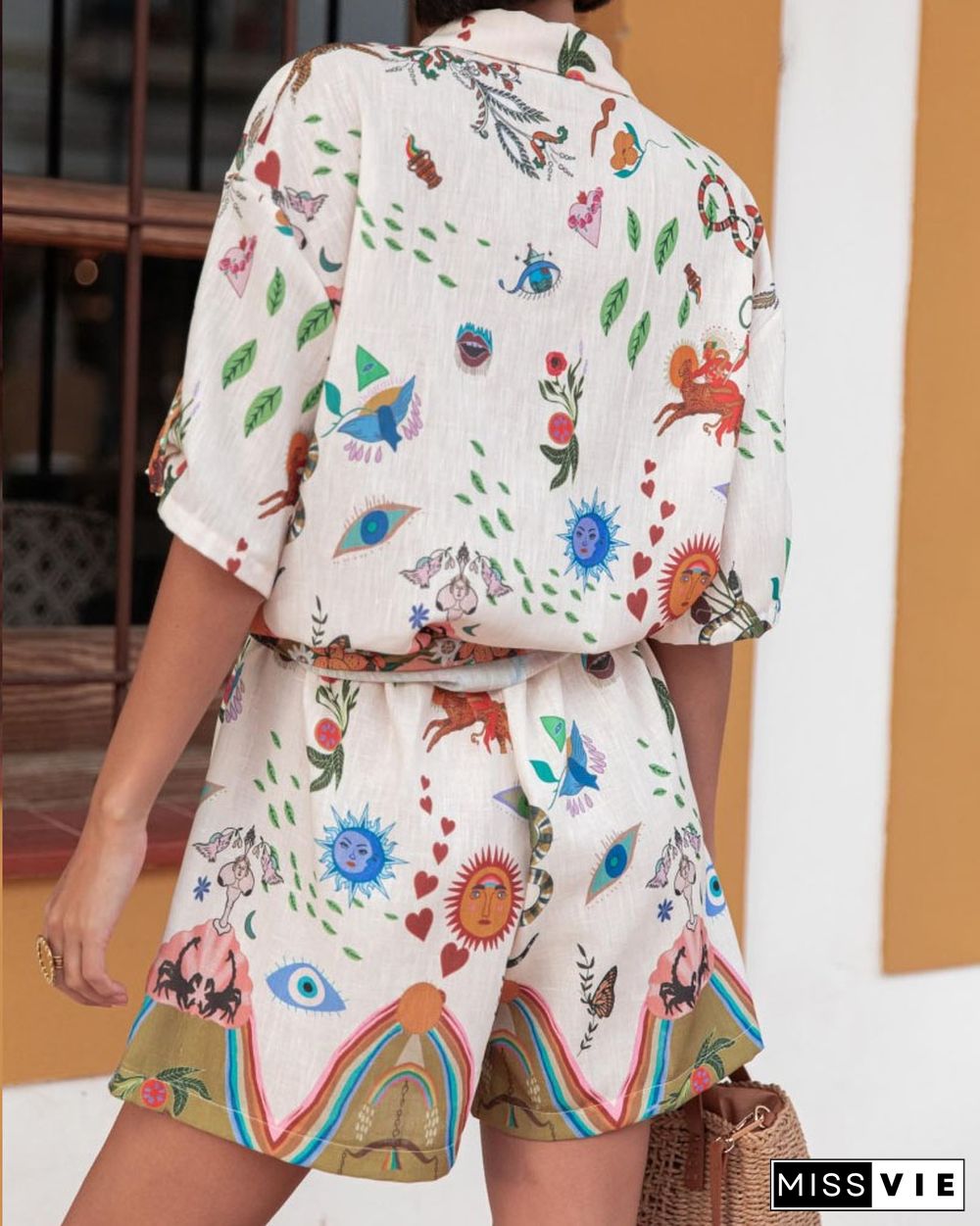 Stylish Printed Lapel Shirt & Shorts Two-Piece Set