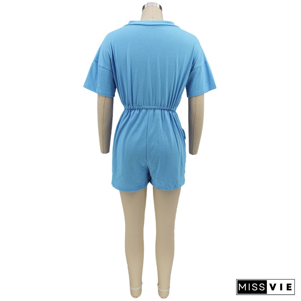 V-neck Solid Color Short Sleeve Casual Rompers