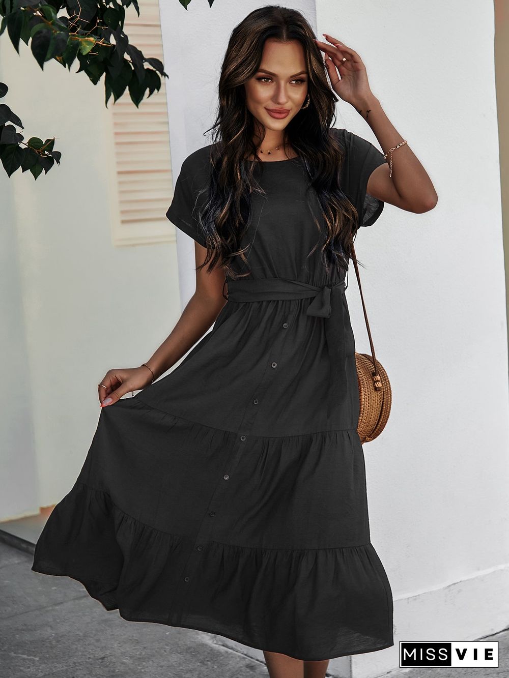 Short Sleeve Round Neck Wrap Tie Waist Maxi Dress