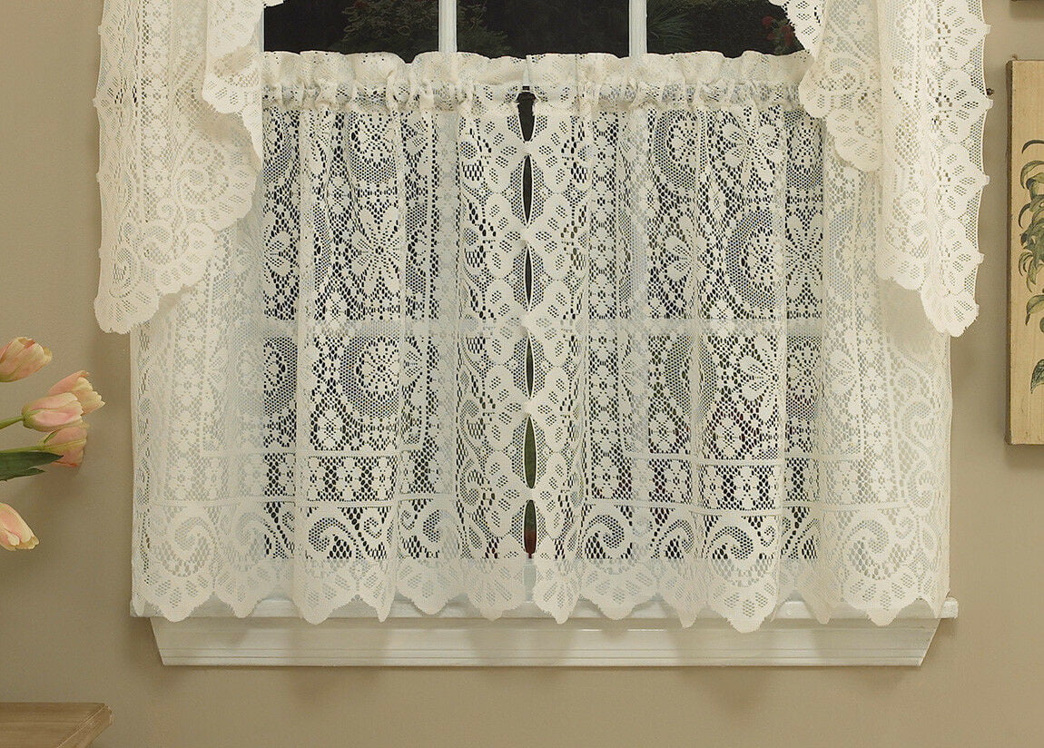 Hopewell Heavy Cream Lace Kitchen Curtain Choice of Tier Valance or Swag Size 36 Cafe/Tier Curtains