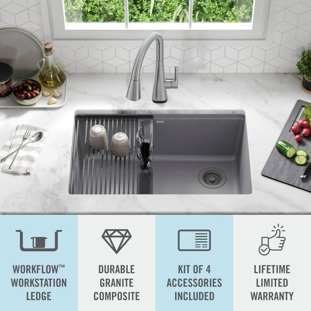 Delta Everest Dark Grey Granite Composite 30 in. Single Bowl Undermount Workstation Kitchen Sink with Accessories 75B933-30S-DG