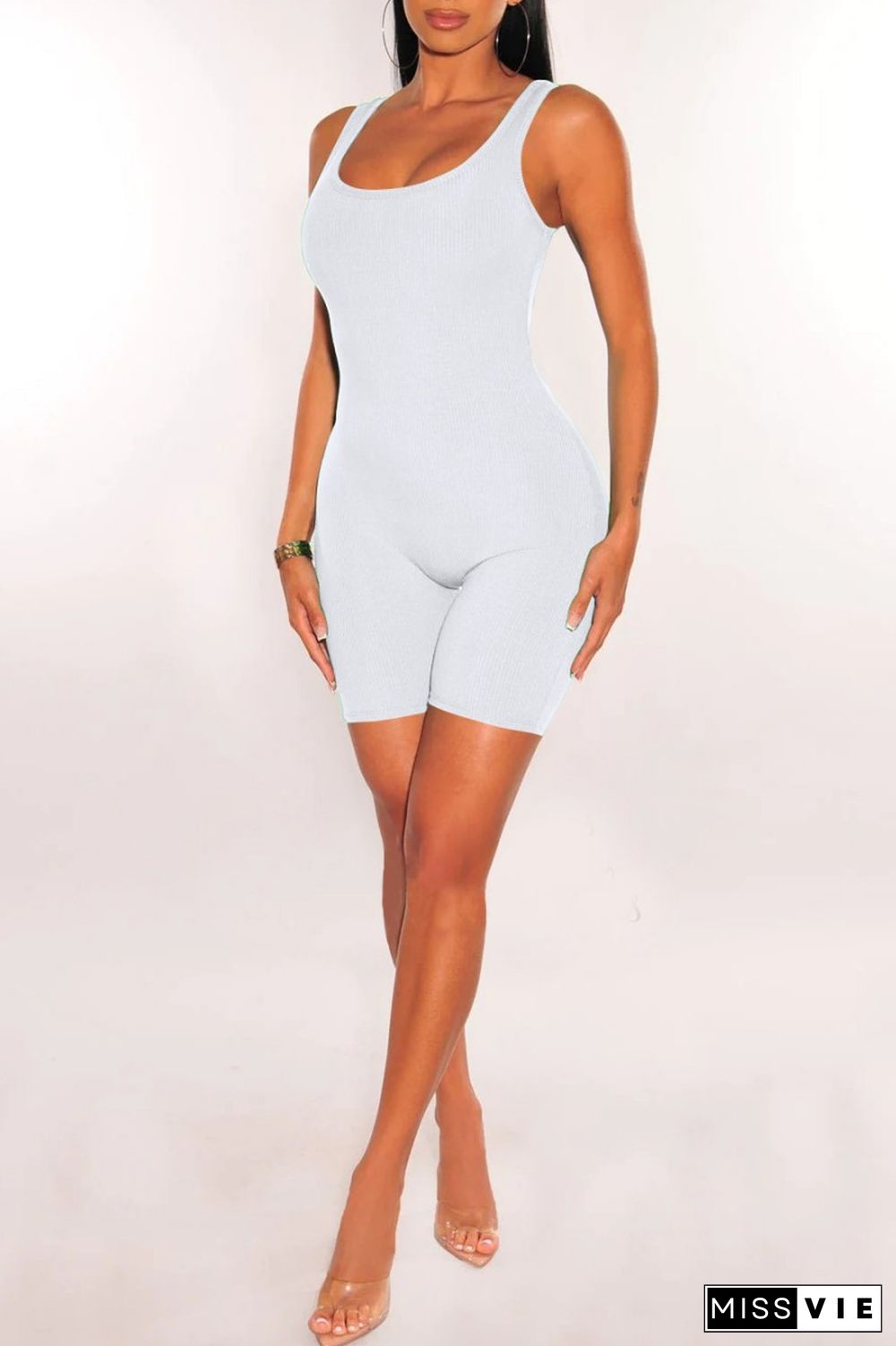 White Casual Solid Backless Basic U Neck Skinny Romper