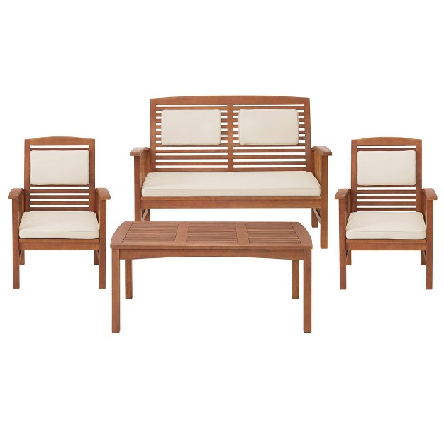 Lyndon 4pc Eucalyptus Wood Outdoor Conversation Set With Bench Chairs amp Table Alaterre Furniture