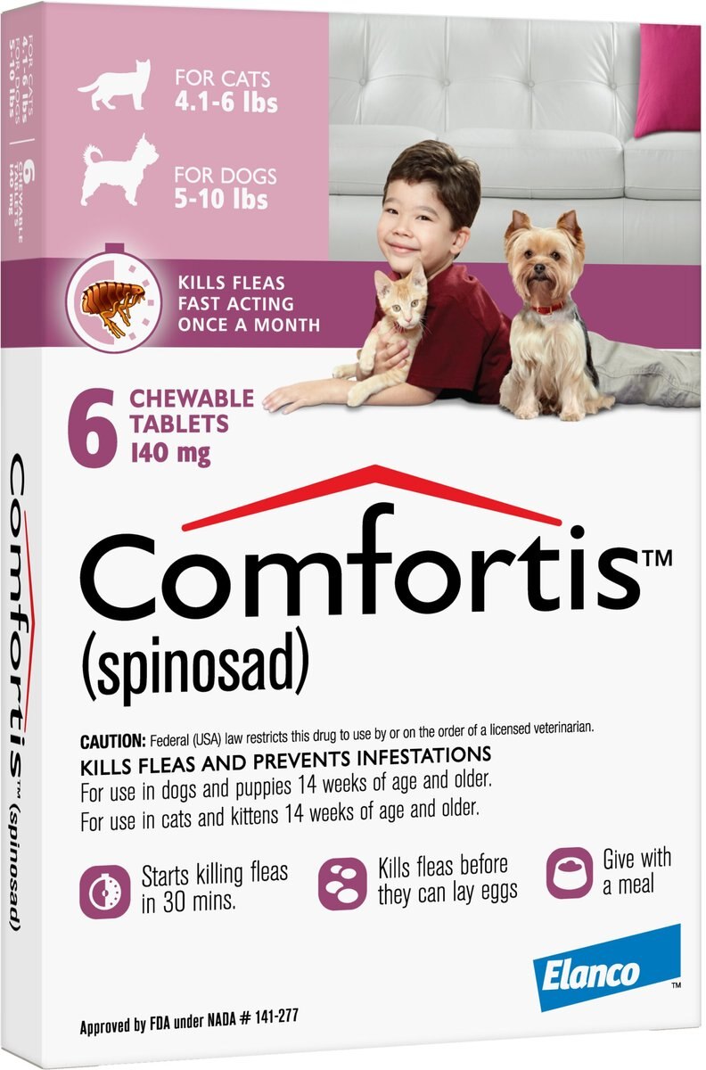 Comfortis Chewable Tablet for Dogs， 5-10 lbs and Cats 4.1-6 lbs， (Pink Box)