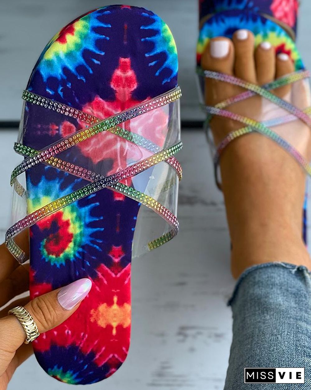 Tie Dye Print Clear Perspex Studded Flatform Slippers