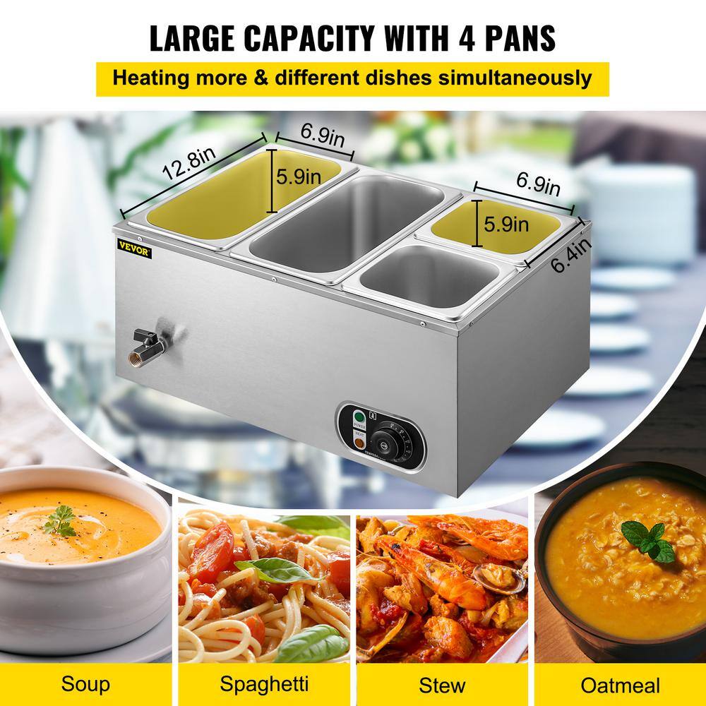 VEVOR 6 in. Deep Commercial Food Warmer 2x13GN and 2x16GN 4-Pan Stainless Steel Bain Marie 14.8 Qt. Capacity 1500W PT4BM-42B110VLRI8V1