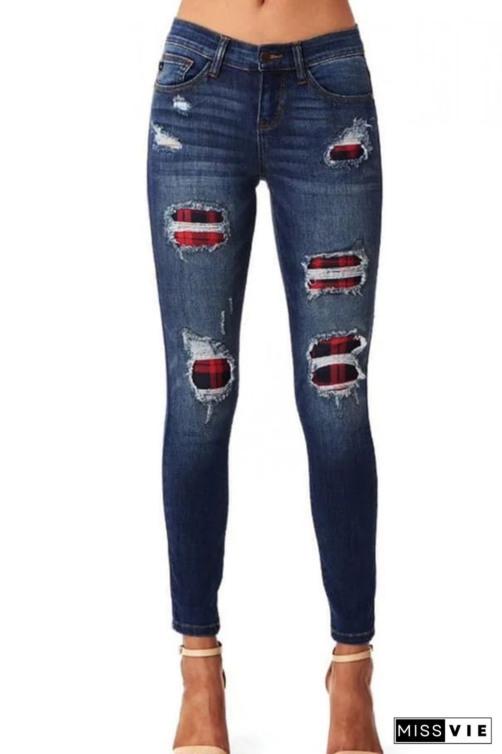 Patchwork Plaid Ripped Jeans