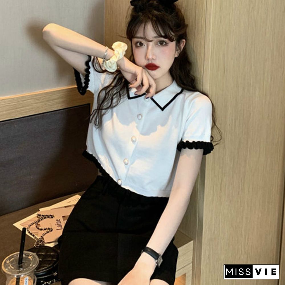 T-Shirt Women Retro Patchwork Lovely New Knitting Cropped Preppy Stylish Hot Sale Cozy Summer Feminine Minimalist Ulzzang Ins