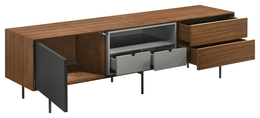 Calico Entertainment Center  Walnut Wood Veneer With Gray Matte Painted Accents   Midcentury   Entertainment Centers And Tv Stands   by HedgeApple  Houzz