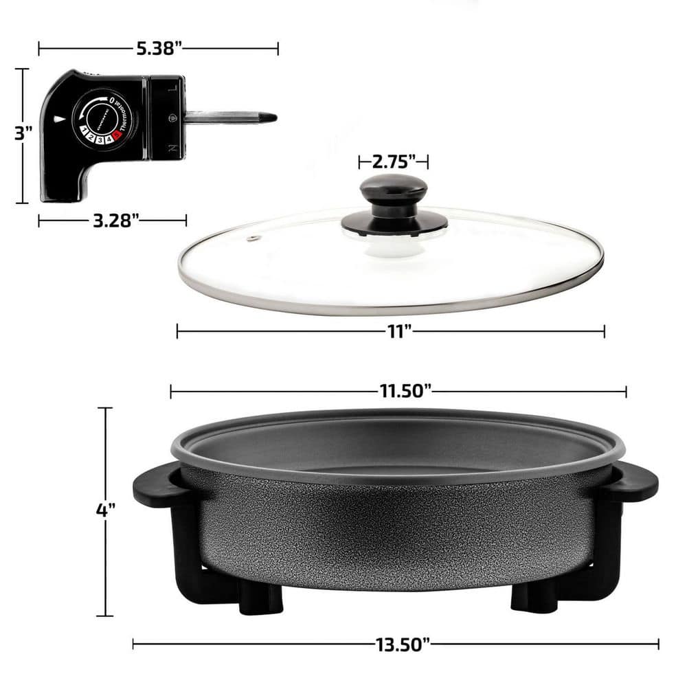 OVENTE 12 In. Black Non Stick Electric Skillet Aluminum Body and Tempered Glass Lid, Removable Temperature Knob SK11112B