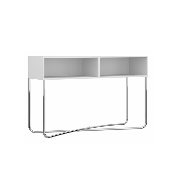 Wooden Console Table with 2 Open Compartments and Metal Frame， White and Chrome