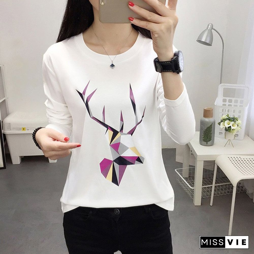 Christmas Gift Chemise Femme Manche Longue Long Sleeve Tshirt Women Casual Cotton T Shirt White T-Shirt Plus Size Camiseta Mujer