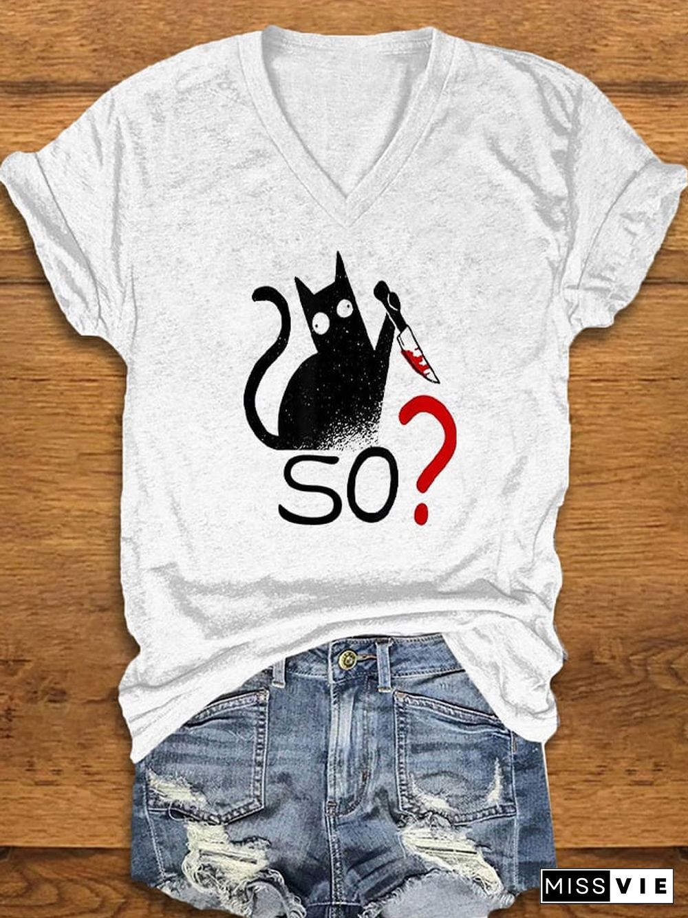 Women's Funny Cat Blood Print T-shirt