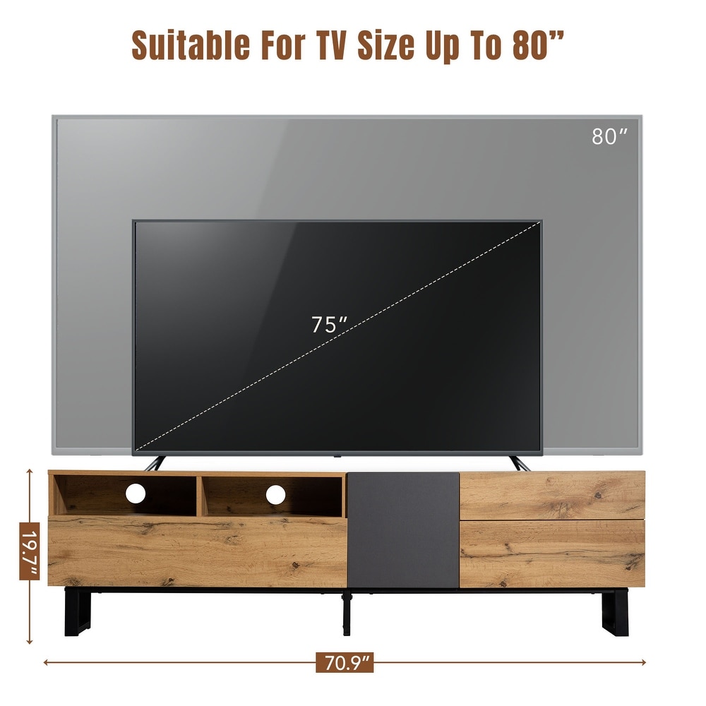 Contemporary TV Stand for 80 inch TVs   Double Storage Space  Modern Minimalist Style  Drop Down Doors  Cable Management