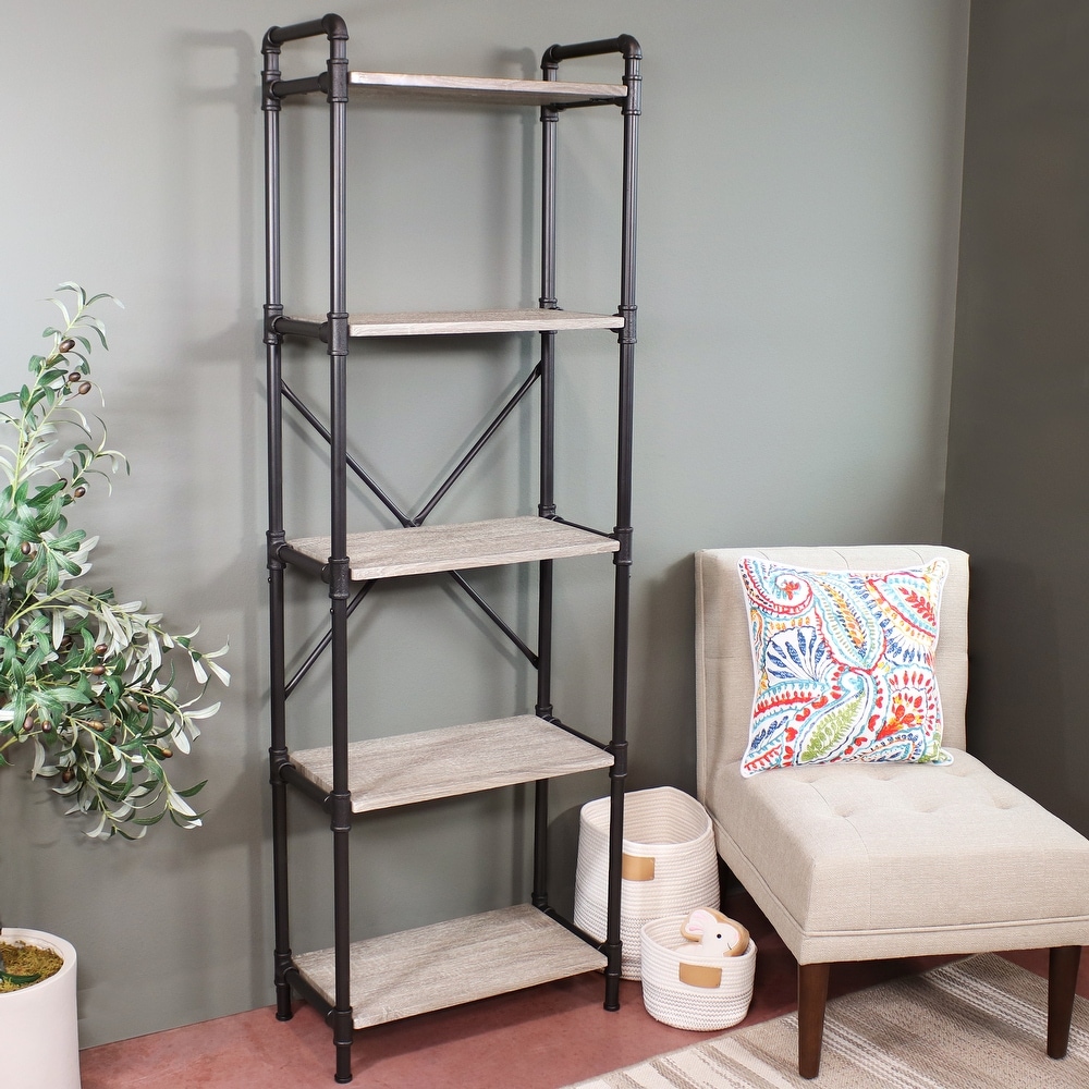 5 Tier Black Pipe Bookshelf with Wood Veneer Shelves