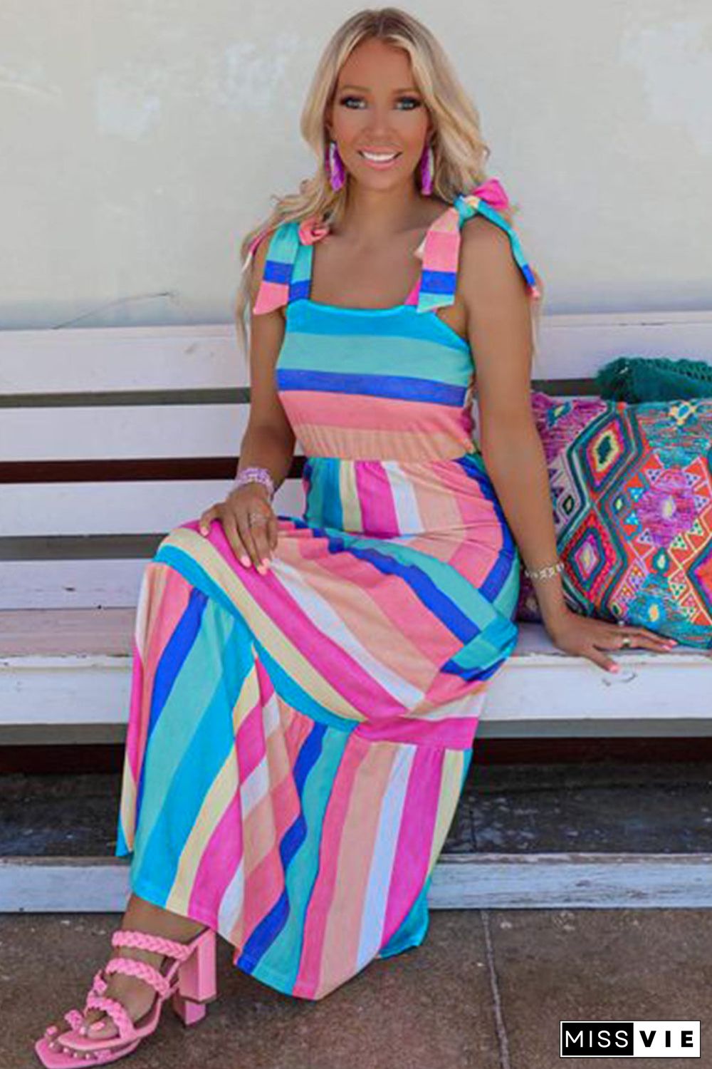 Color Block Striped Bow Knot Straps Maxi Dress