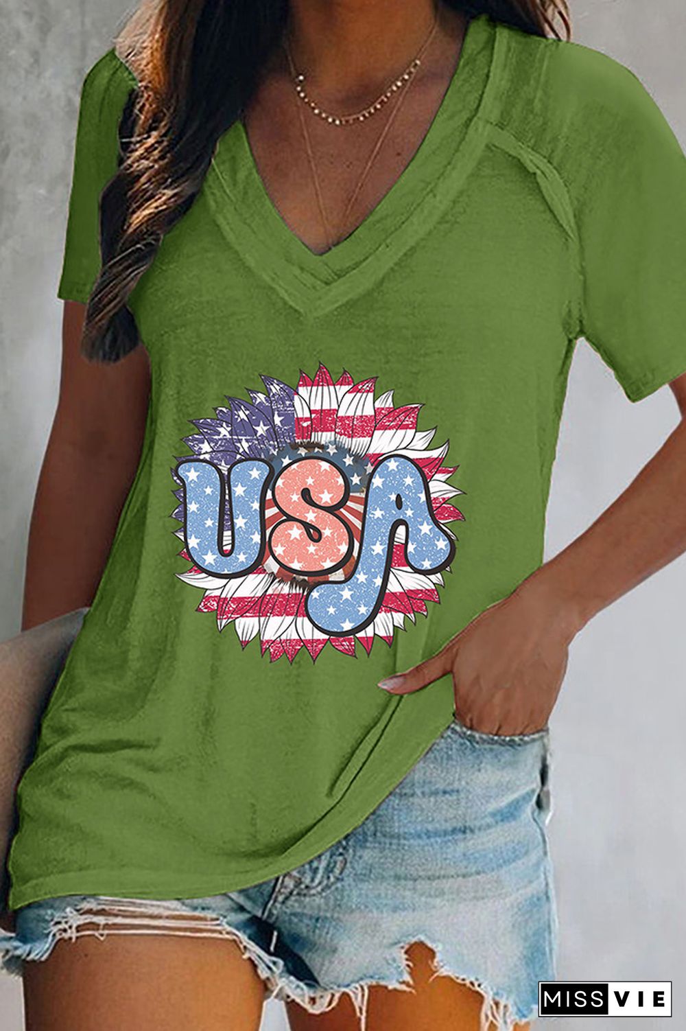 Independence Day US Flag Print V Neck Graphic Tee