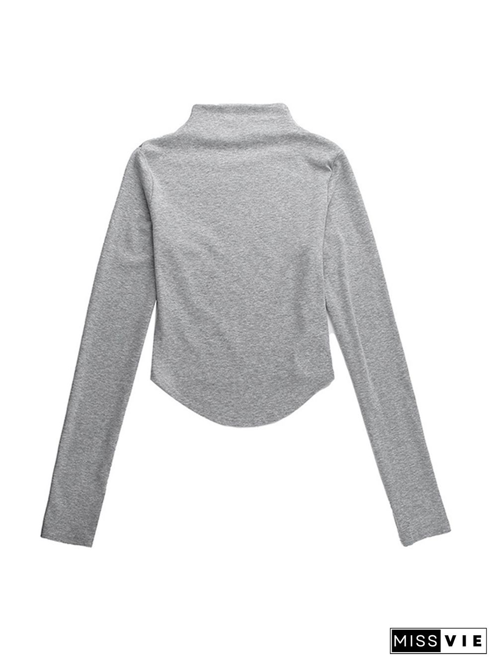 Solid Mock Neck Curvy Hem Long Sleeve Tee