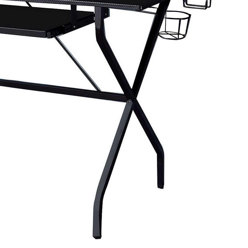 Tubular Metal Frame Computer Desk with 2 Shelves and Cup Holder， Black