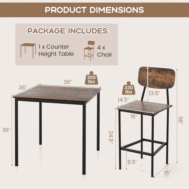 Costway 5 piece Industrial Dining Table Set With Counter Height Table amp 4 Bar Stools Black grey walnut