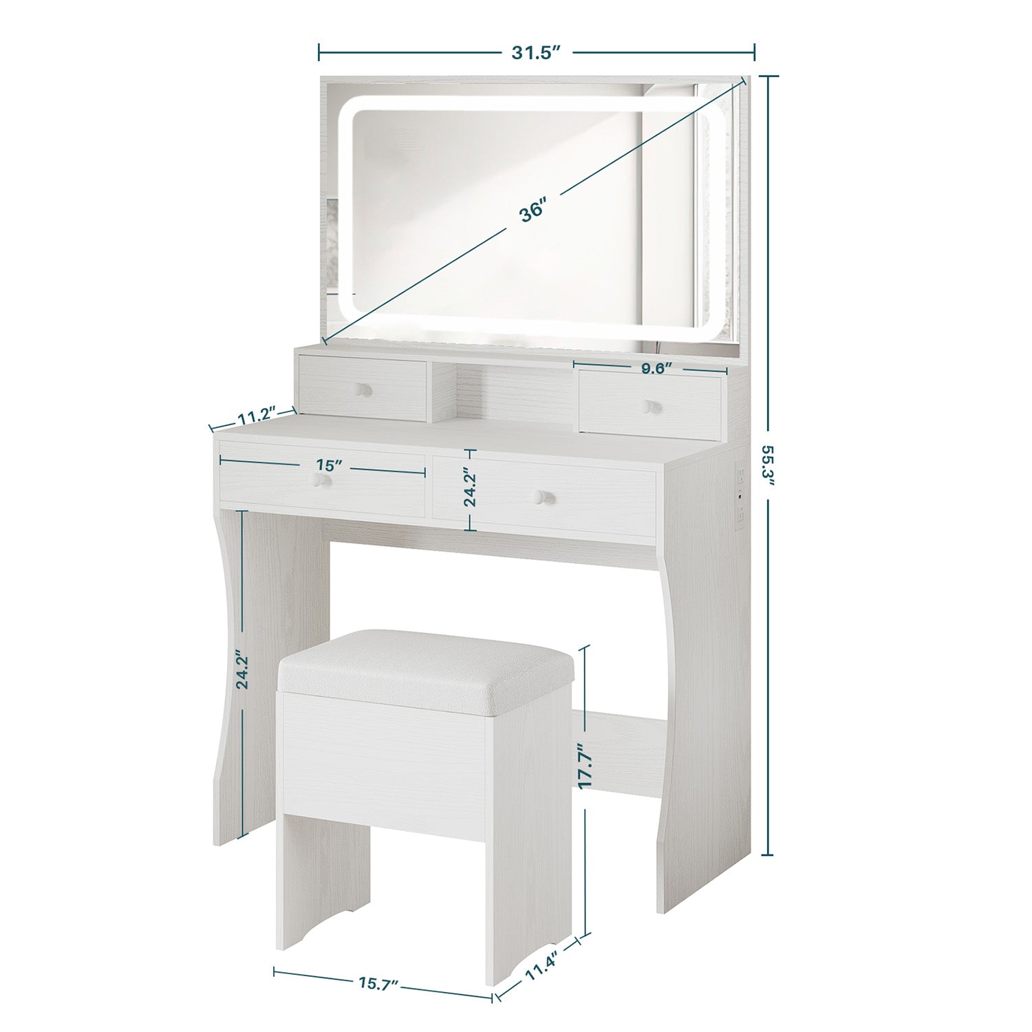 Vanity Desk Set Makeup Vanity with Power Outlet, LED Mirror, Storage Stool