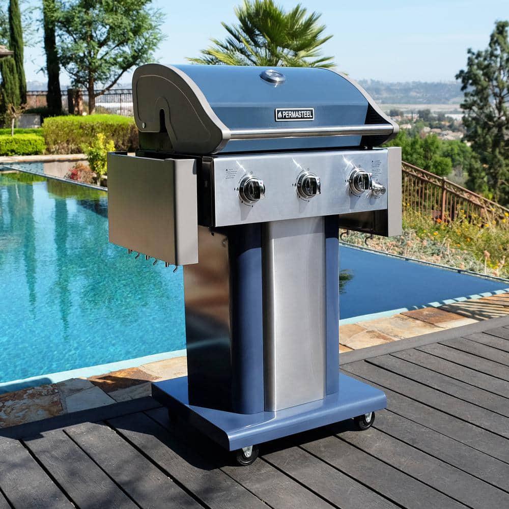 PERMASTEEL 3Burner Pedestal Propane Gas Grill in Azure with Side Hooks