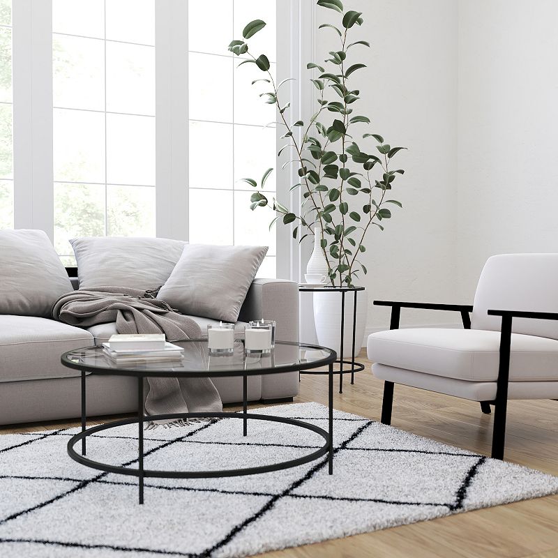 Merrick Lane Newbury Round Glass Coffee Table Set - 3 Piece Glass Table Set with Metal and Vertical Legs