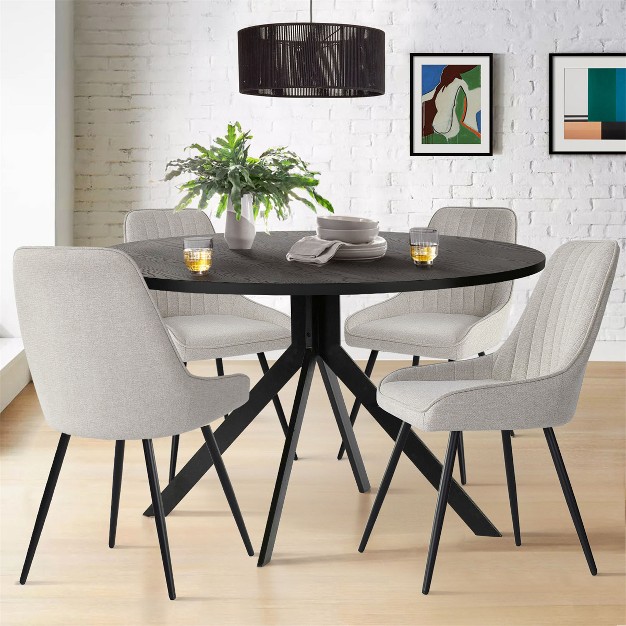 43 x27 x27 Jones Solid Black Grain Round Dining Table With 4 Upholstered Fabric Tiny Armchairs With Metal Legs the Pop Maison