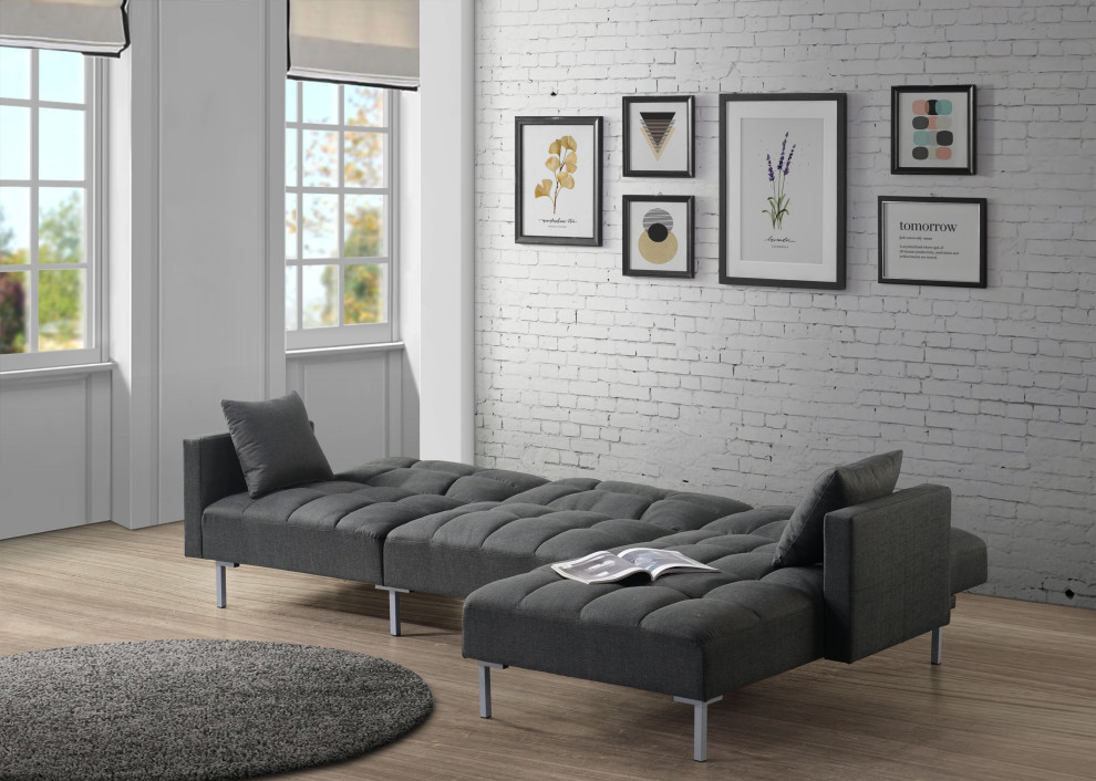 ACME Duzzy Reversible Sectional Sofa with 2 Pillows in Dark Gray Fabric   Contemporary   Sectional Sofas   by Acme Furniture  Houzz