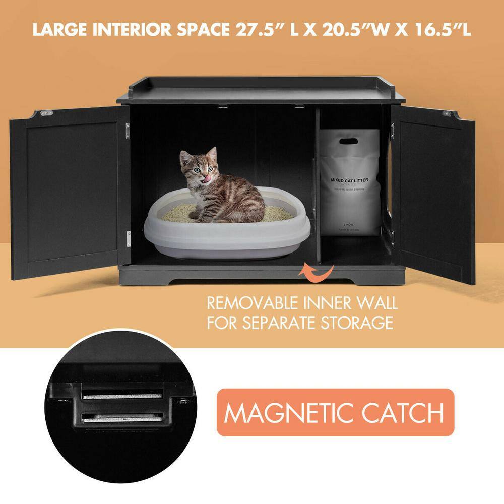 WELLFOR 29.5 in. W x 21 in. D x 20.5 in. H MDF Litter Box Cat Enclosure in Black with Double Doors for Large Cat and Kitty HW-HWY-65619BK