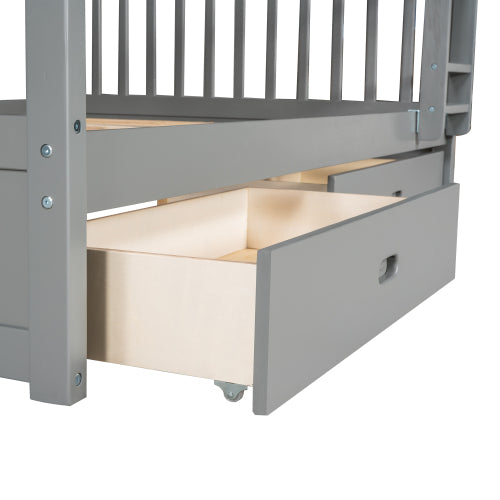 Wood Full Over Full Bunk Bed with Two Storage Drawers and Ladders for Kids Adults,Gray