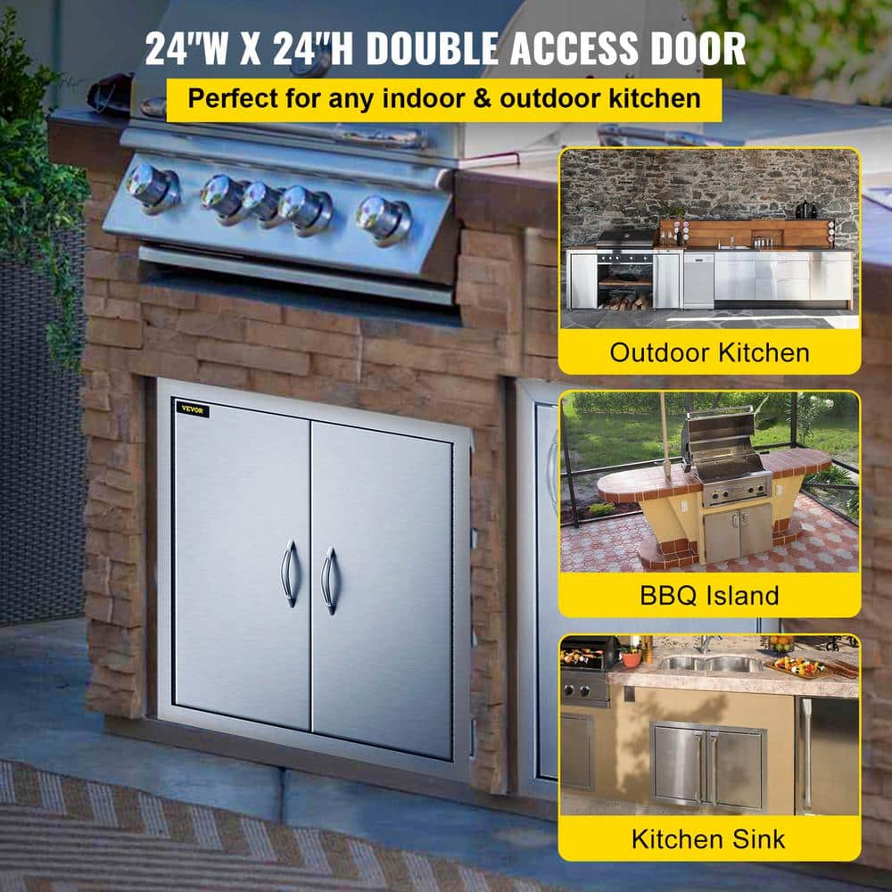 VEVOR BBQ Access Door 24 in. W x 24 in. H Grill Door Double Door Brushed Stainless Steel Outdoor Kitchen Doors 24-24BXGCFSKM0001V0