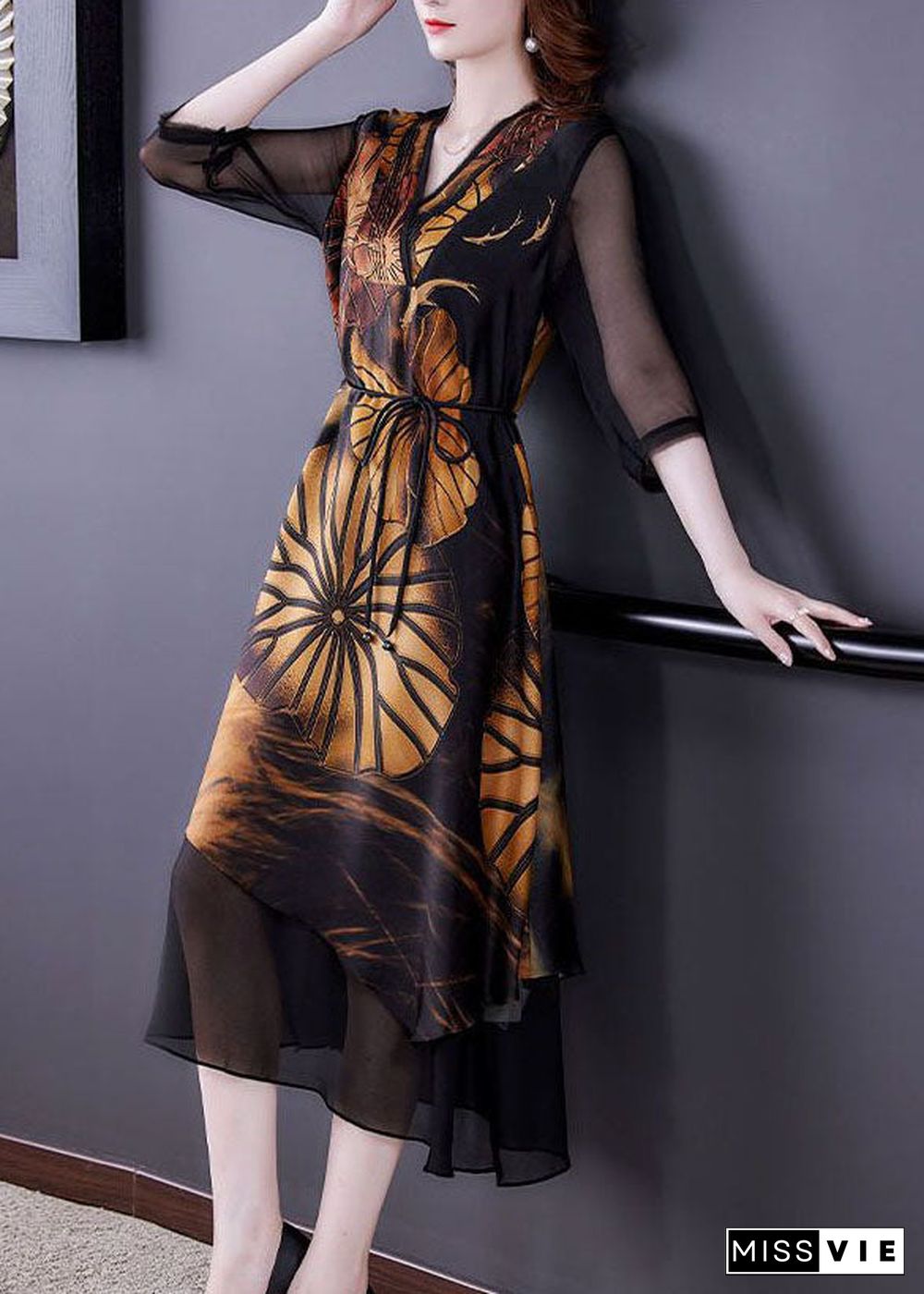 Women Black Asymmetrical Patchwork Print Silk Dress Summer