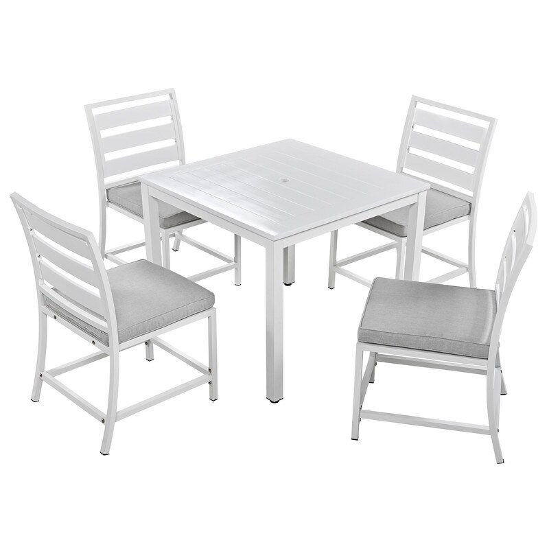 5 Piece Outdoor Dining Table Set for 4  Wood Top Dining Table with Umbrella Hole   4 Cushioned Chairs for Patio  Deck  Porch