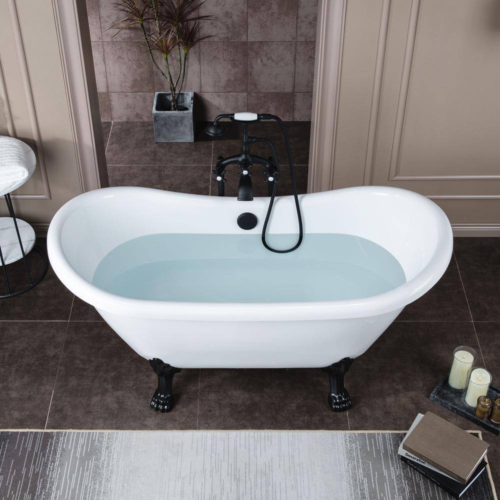 WOODBRIDGE Topeka 59 in. Heavy Duty Acrylic Slipper Clawfoot Bath Tub in White Faucet Claw Feet Drain  Overflow in Matte Black HBT7037